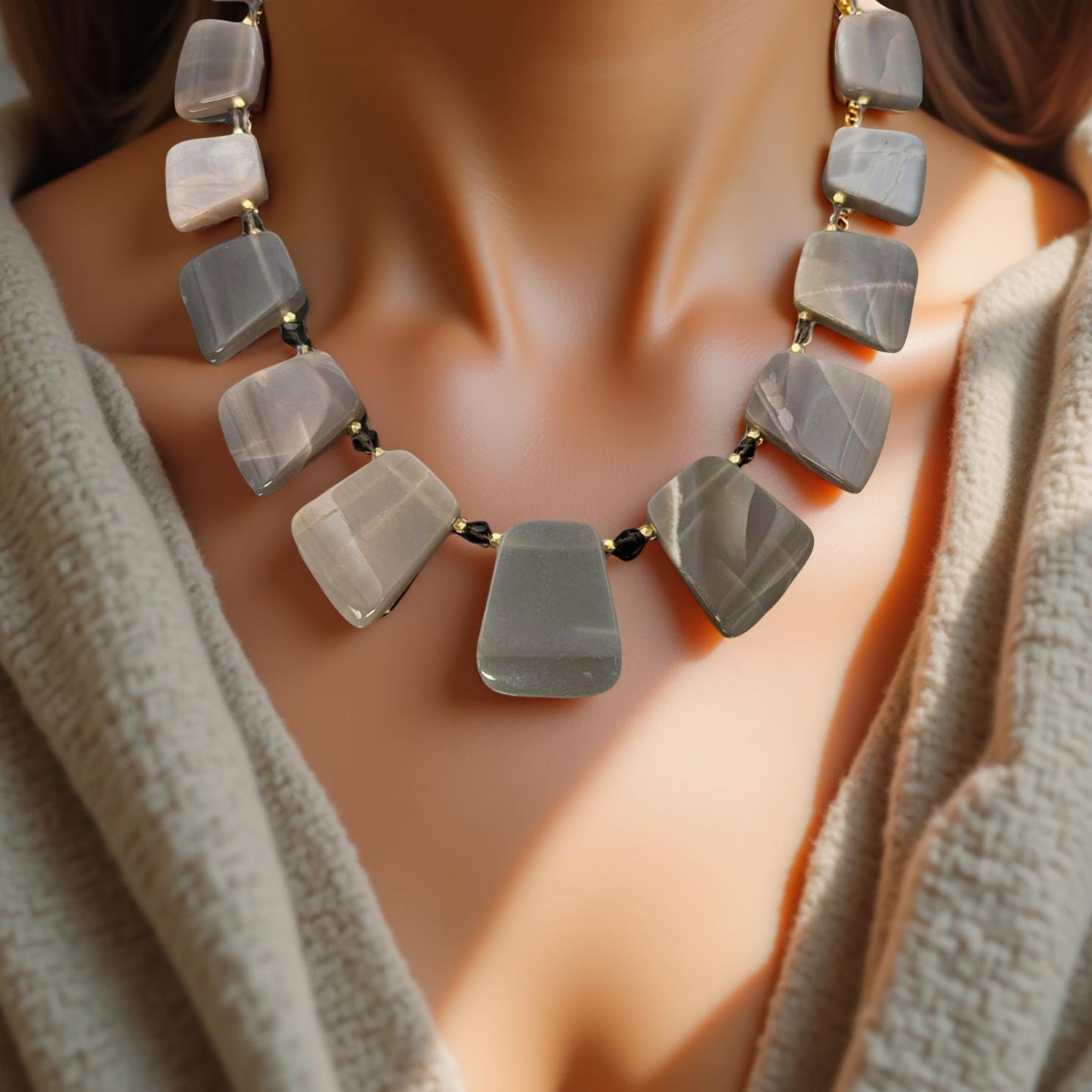 Taupe moon stone necklace accented with smoky topaz and gold.