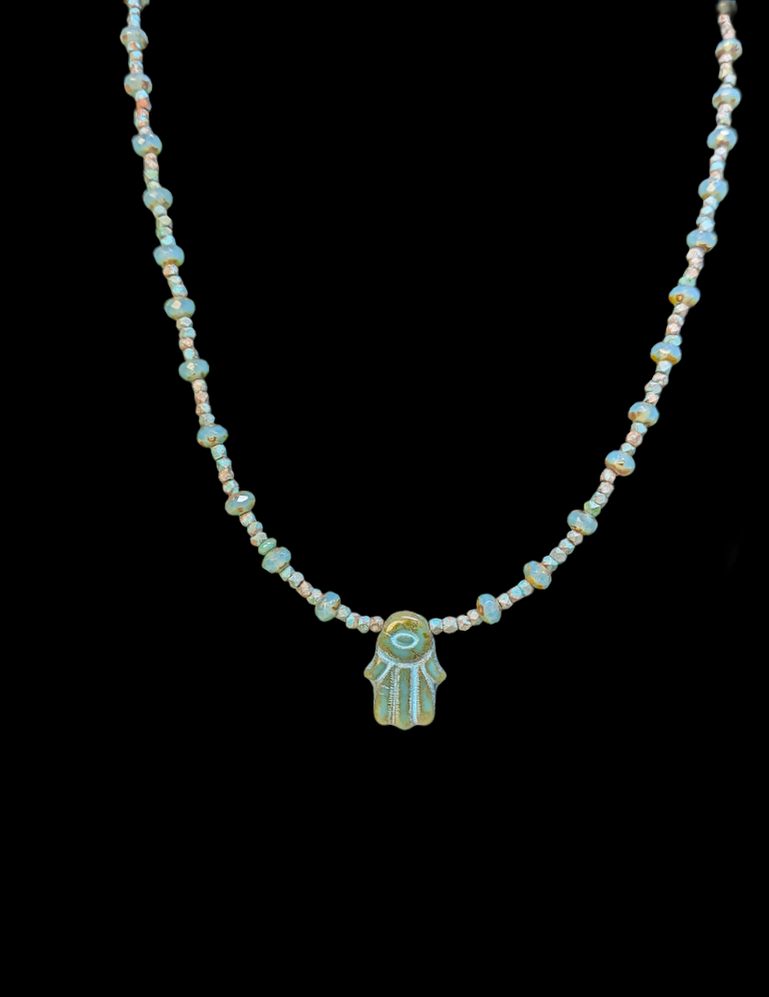 Hamza Czech Picasso Glass & Patinated Mykonos Copper Necklace
