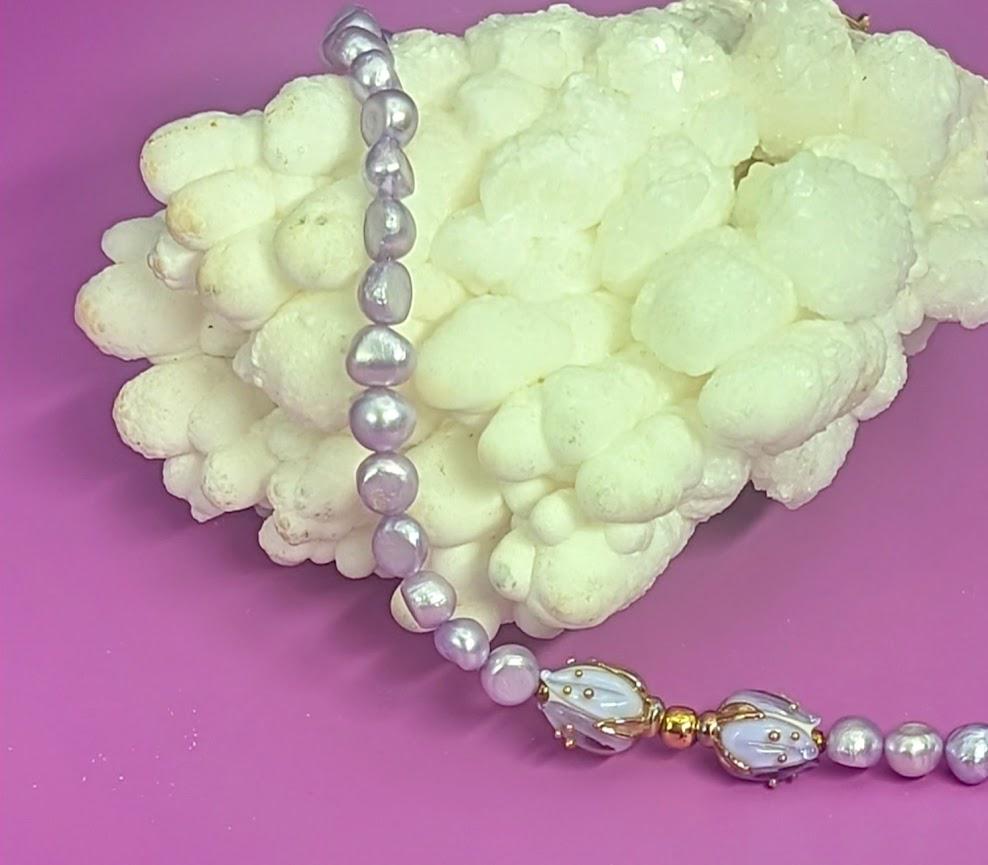 Violet Freshwater Pearl Choker with floral centerpiece.