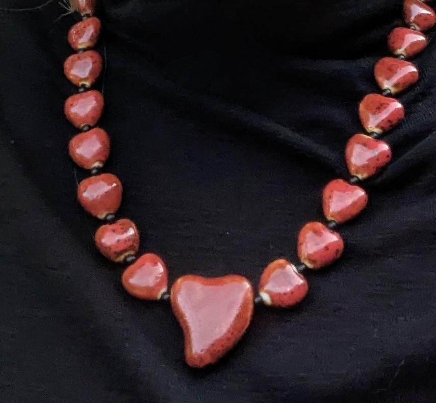 Red Heart Ceramic Beaded Necklace with artistic heart pendant