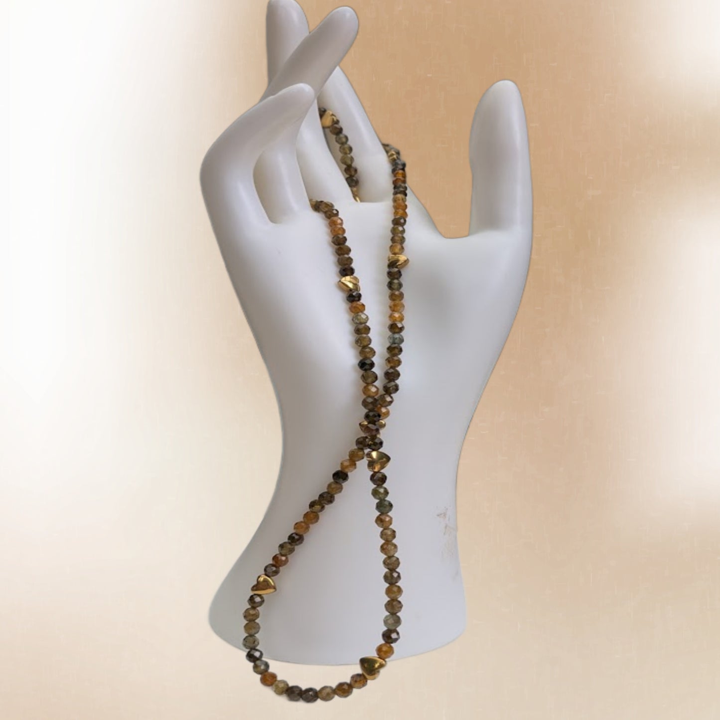 Golden Heart Tiger Eye Necklace – Faceted Gemstone Beads, 19” Elegant Earth-Tone Statement