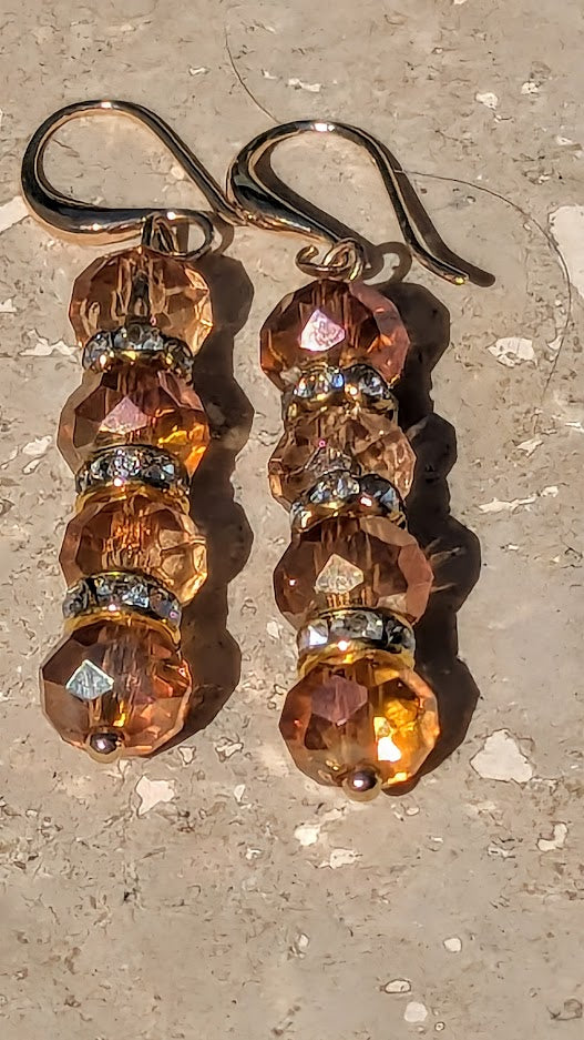 Crystal drop earrings, golden color