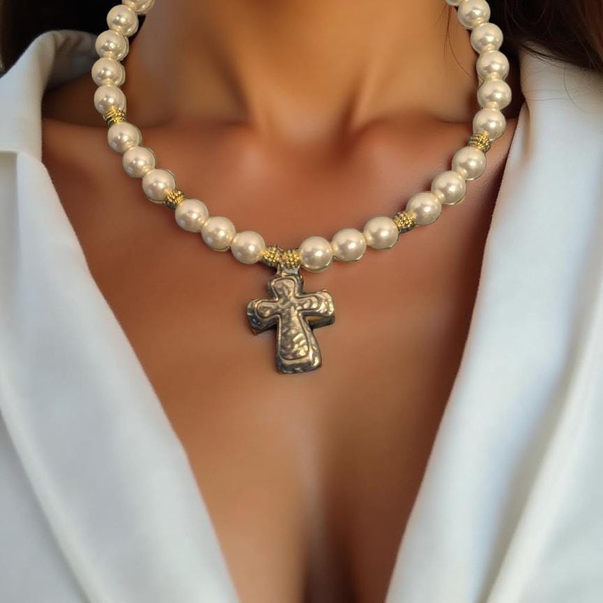 Pearl Necklace with Vintage Cross Pendant