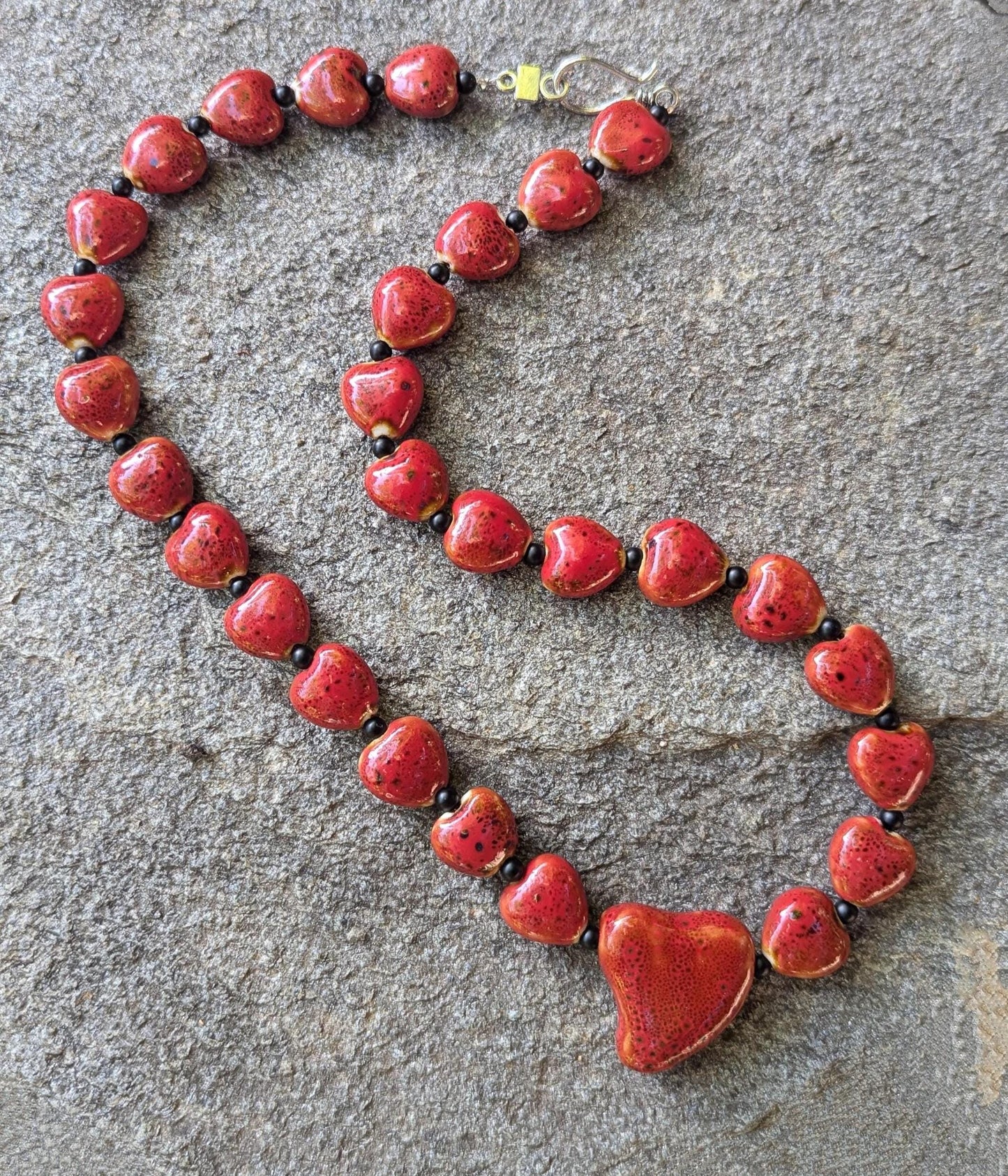 Red Heart Ceramic Beaded Necklace with artistic heart pendant