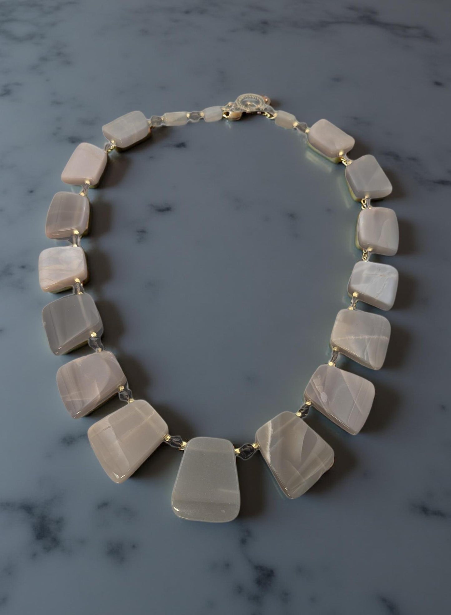 Taupe moon stone necklace accented with smoky topaz and gold.