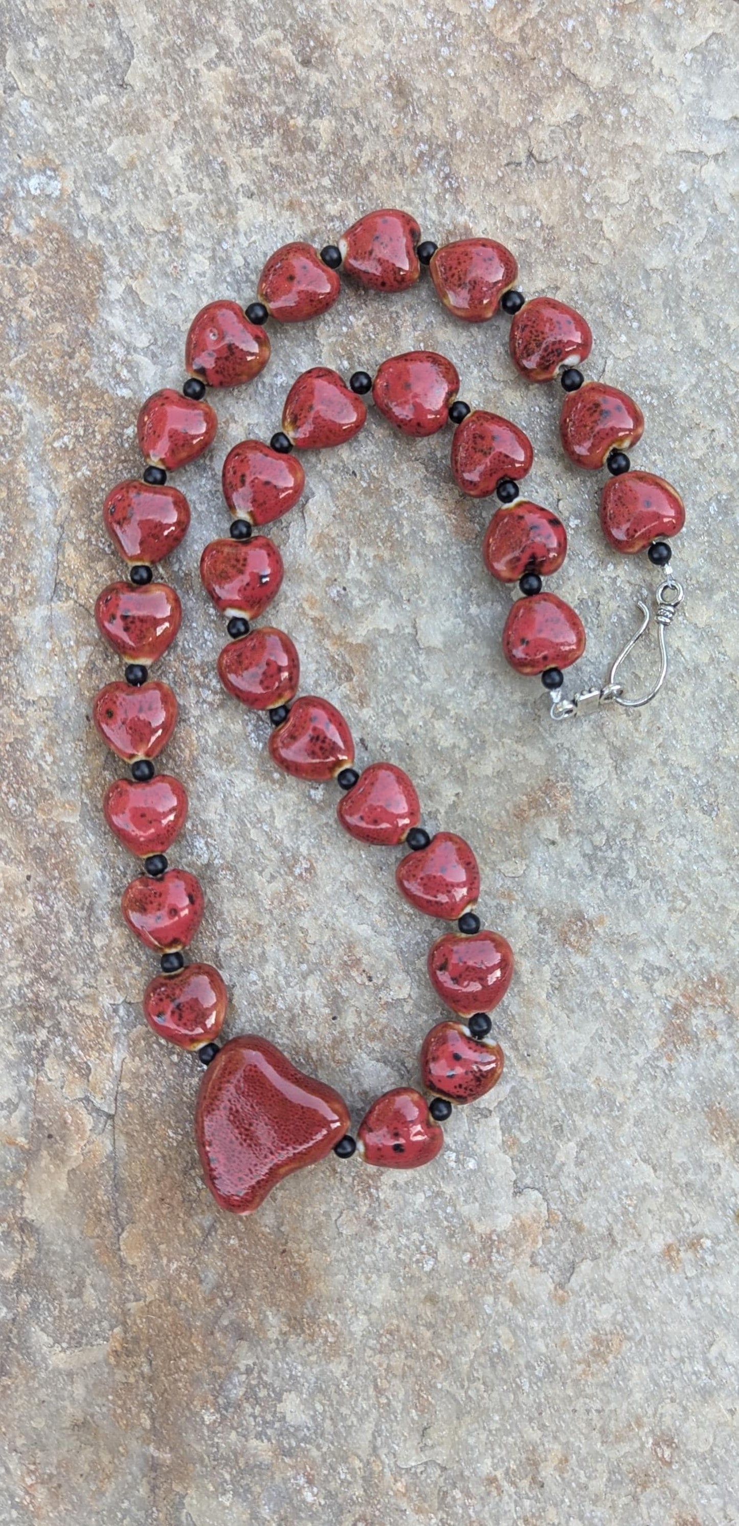Red Heart Ceramic Beaded Necklace with artistic heart pendant