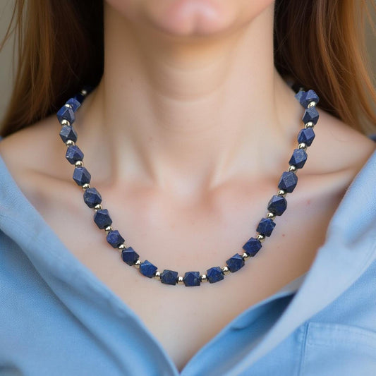 Lapis Lazuli Necklace.  The square Lapis beads are faceted and interspersed with sparkling silver cubes. It's 21 inches in length.