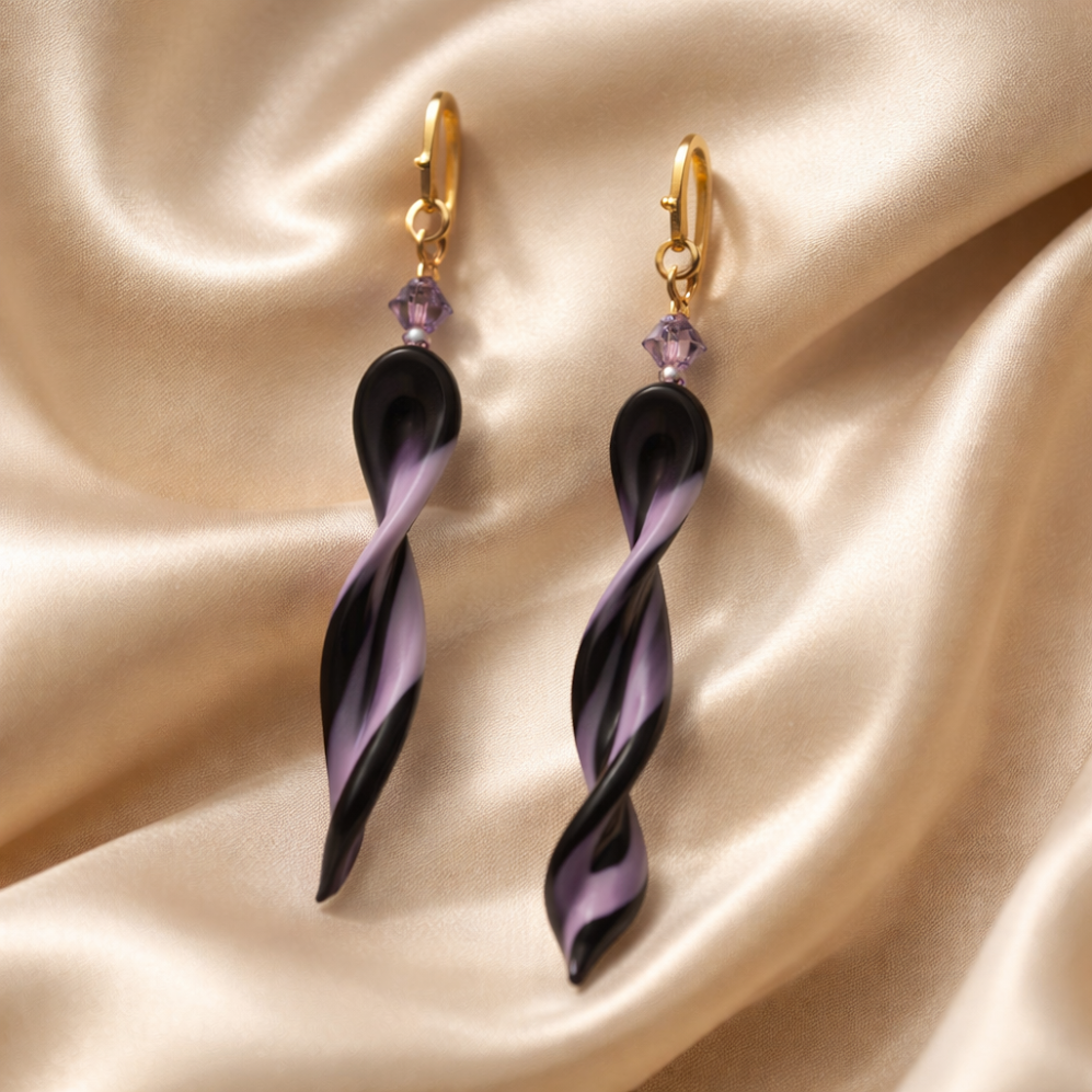 Midnight Violet Twist LampWork Drop Earrings