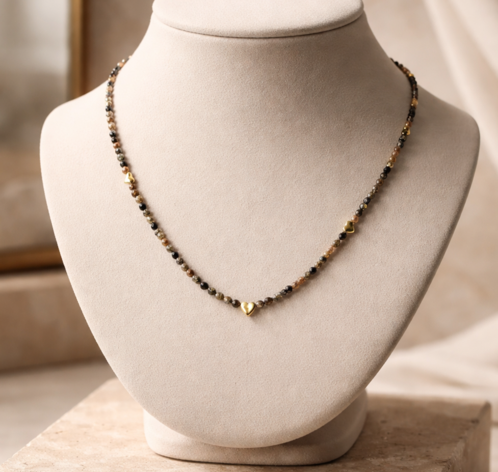 Golden Heart Tiger Eye Necklace – Faceted Gemstone Beads, 19” Elegant Earth-Tone Statement