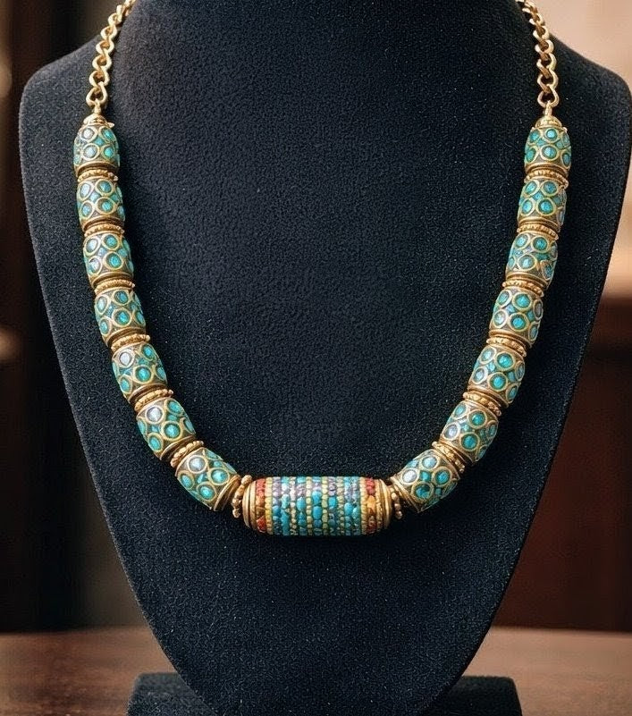 Turquoise and brass Nepali beaded necklace