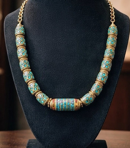 Turquoise and brass Nepali beaded necklace