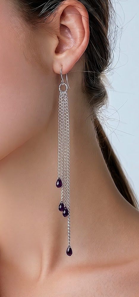 Silver Chain Tassel Earrings with Sapphire Blue Teardrop Crystals