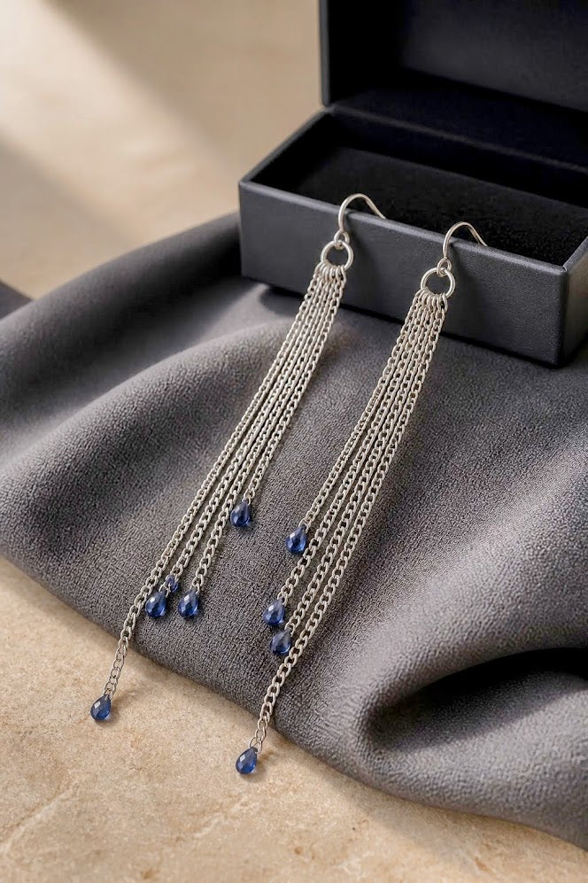 Silver Chain Tassel Earrings with Sapphire Blue Teardrop Crystals