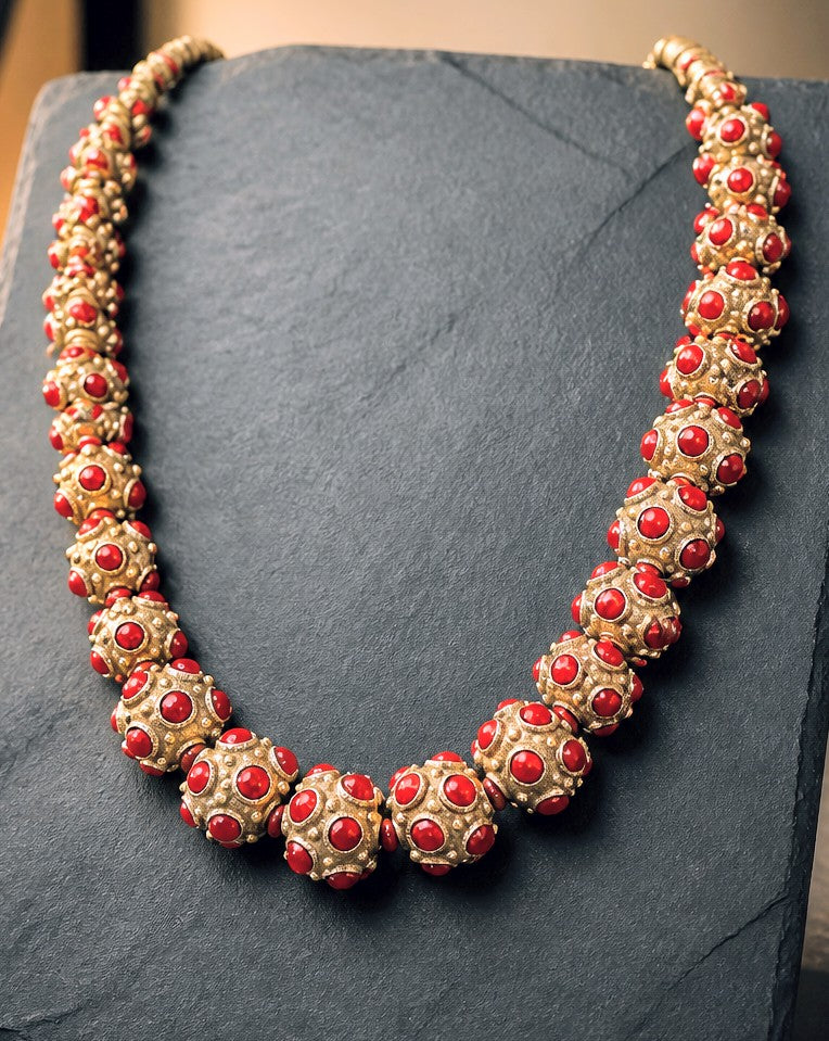 Bright Red Bohemian Statement Necklace – Ornate Antiqued Metal Beads, 18 Inch