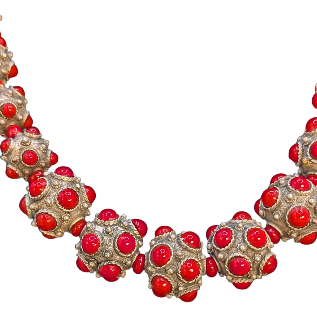 Bright Red Bohemian Statement Necklace – Ornate Antiqued Metal Beads, 18 Inch