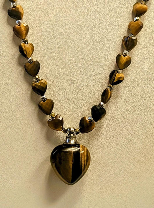 Heart shaped perfume bottle necklace made of Tiger Eye gems