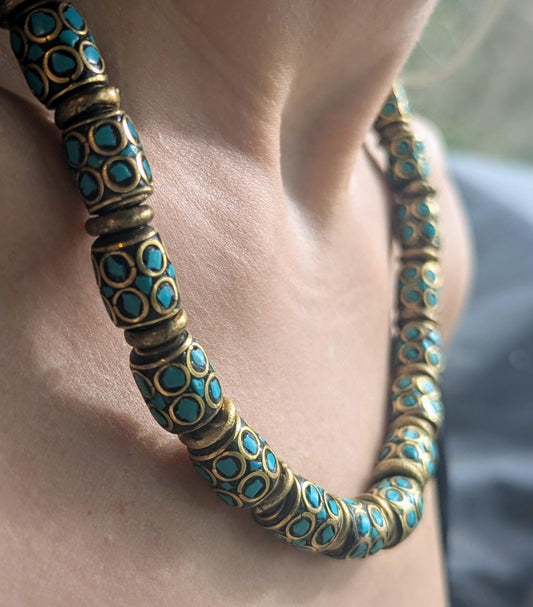 Turquoise and brass Nepali beaded necklace