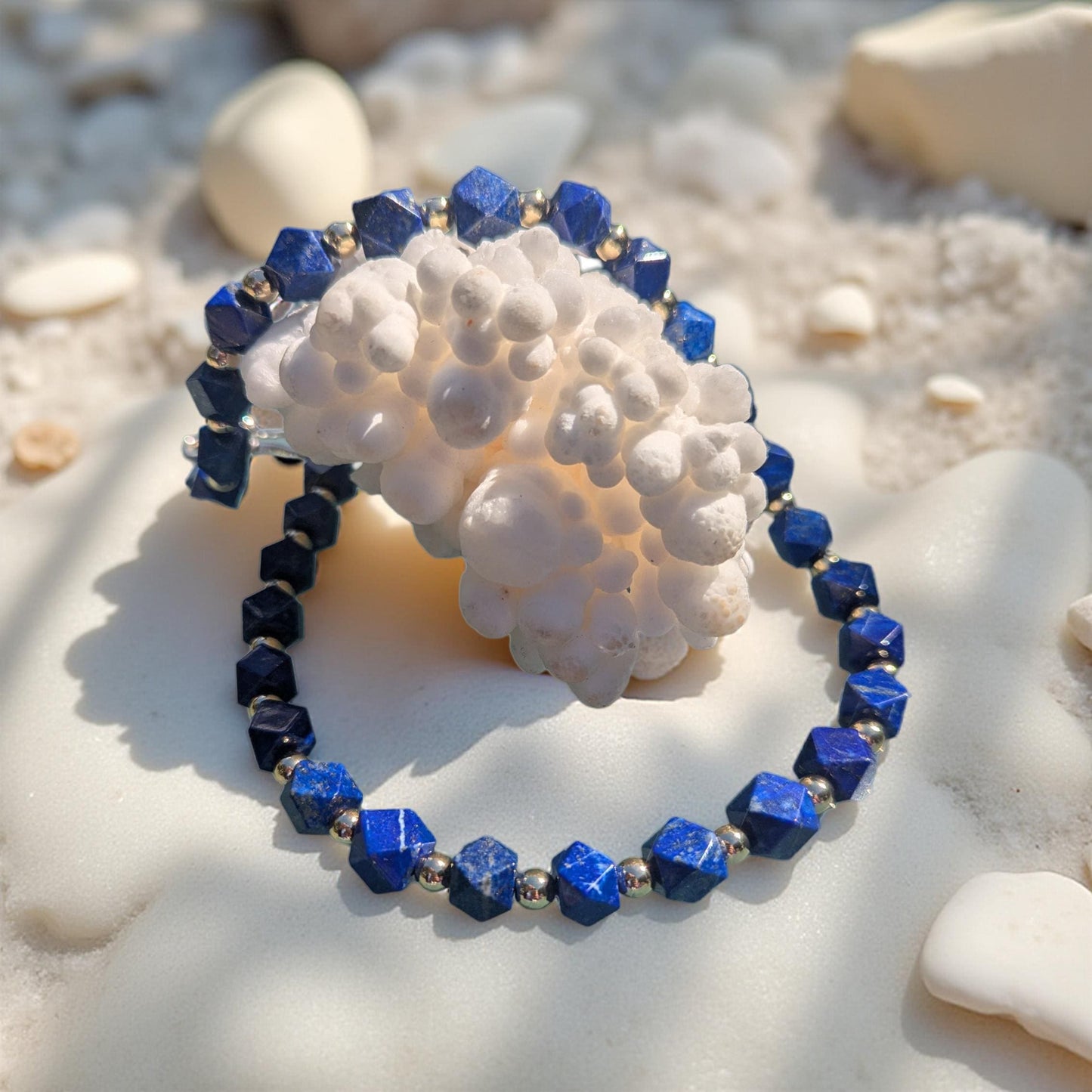 Lapis Lazuli Necklace.  The square Lapis beads are faceted and interspersed with sparkling silver cubes. It's 21 inches in length.