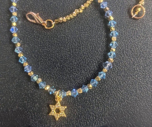 Dainty Star of David on a chain of blue crystals and sparkling gold accents