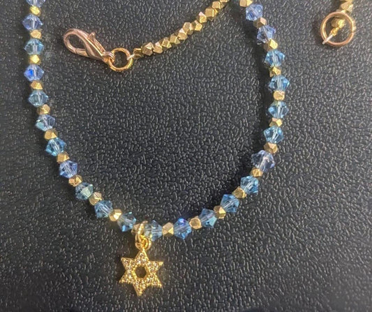 Dainty Star of David on a chain of blue crystals and sparkling gold accents