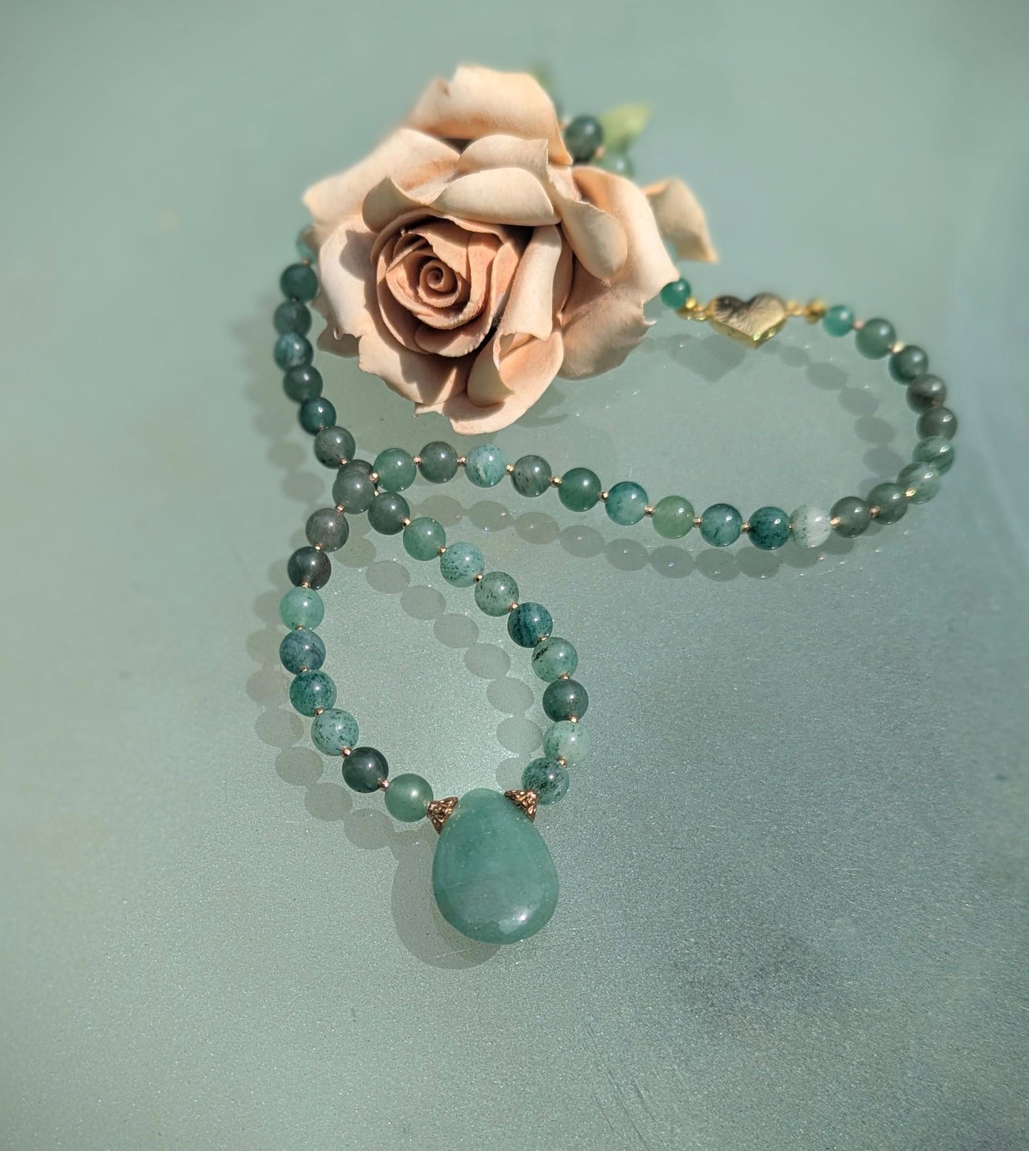 Jade Necklace, vibrant green rounded beads with a jade teardrop focal. A must-have for Jade lovers.