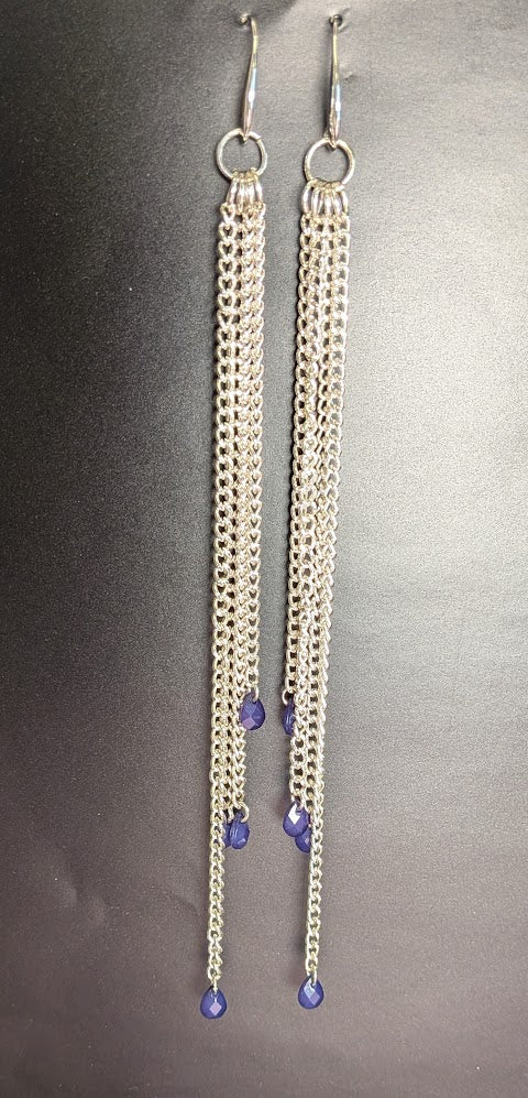 Silver Chain Tassel Earrings with Sapphire Blue Teardrop Crystals