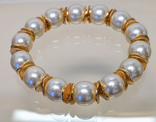 Golden Ivory Pearl Statement Bracelet with Textured Gold Accents