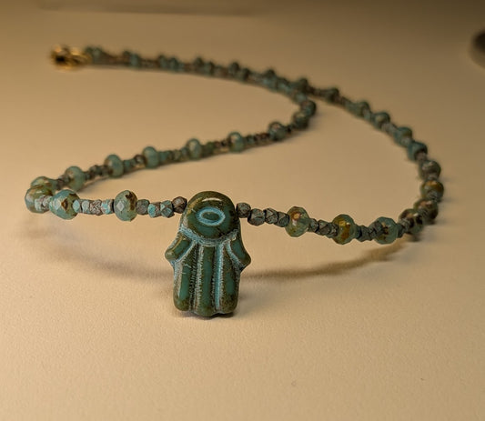 Hamza Czech Picasso Glass & Patinated Mykonos Copper Necklace