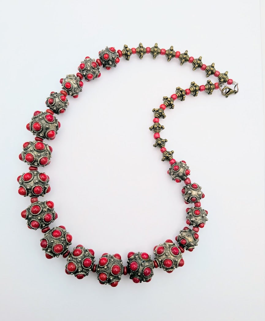 Bright Red Bohemian Statement Necklace – Ornate Antiqued Metal Beads, 18 Inch