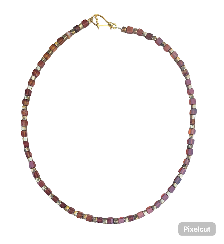 Carnelian square beaded necklace off set with gold plated squares.