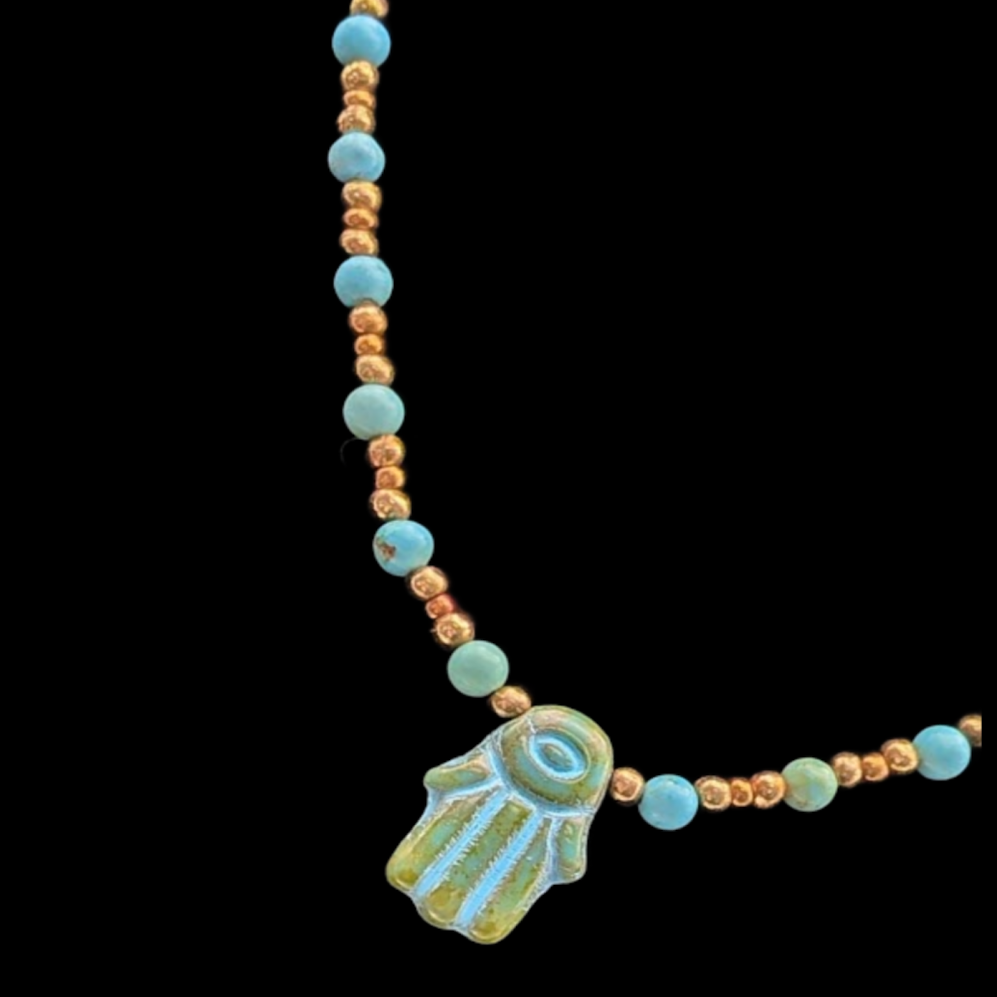 Hamza Czech Picasso Glass & Patinated Mykonos Copper Necklace